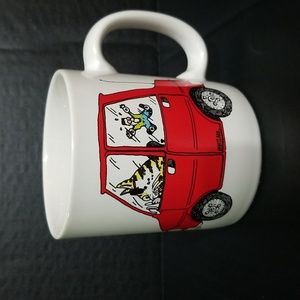 ON A LARK Collectible Mug! Cat Driving Car, Human Suction Cup'd to Window, VTG